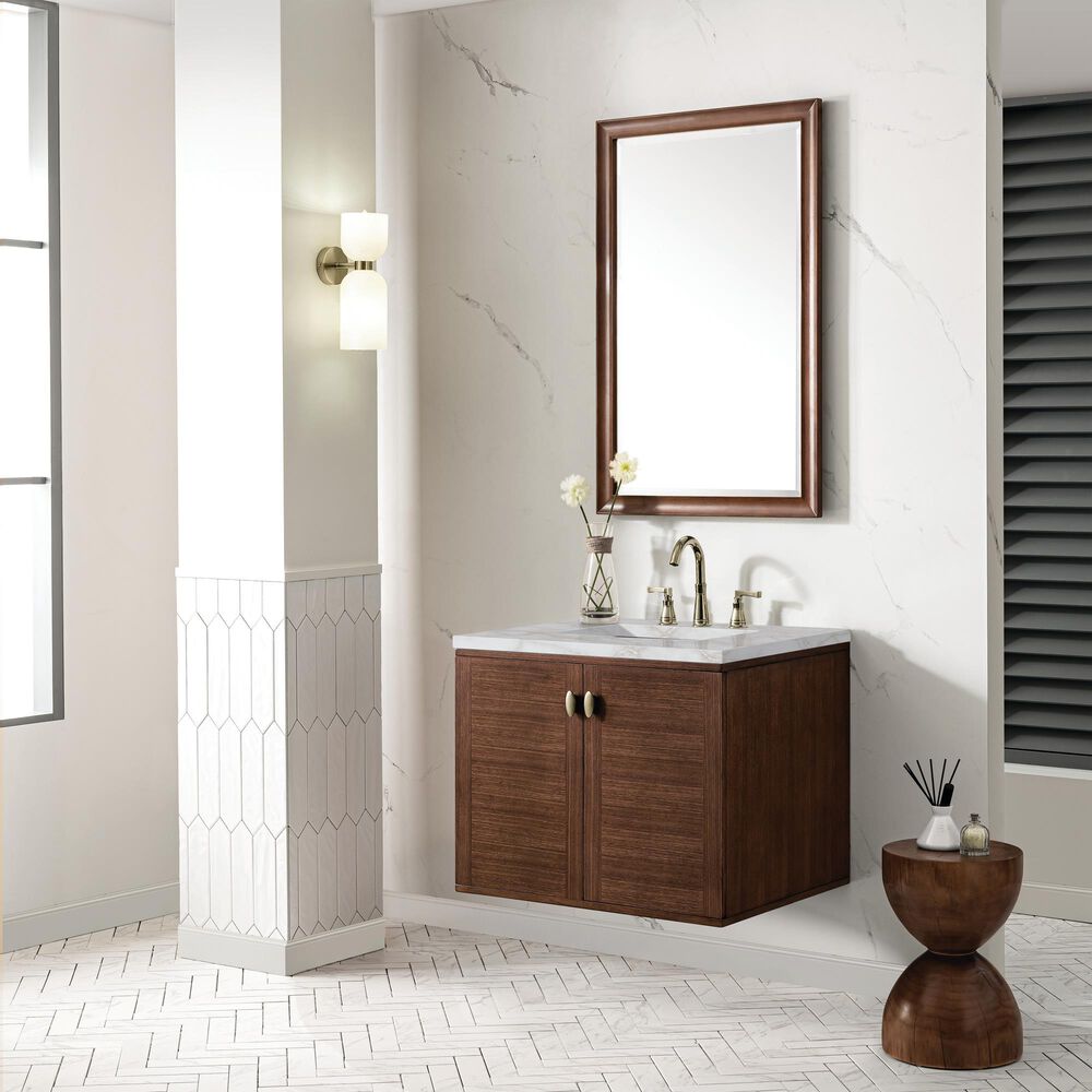 James Martin Vanities Amberly 30&quot; Single Bathroom Vanity in Mid-Century Walnut with 3 cm Victorian Silver Quartz Top and Rectangular Sink, , large