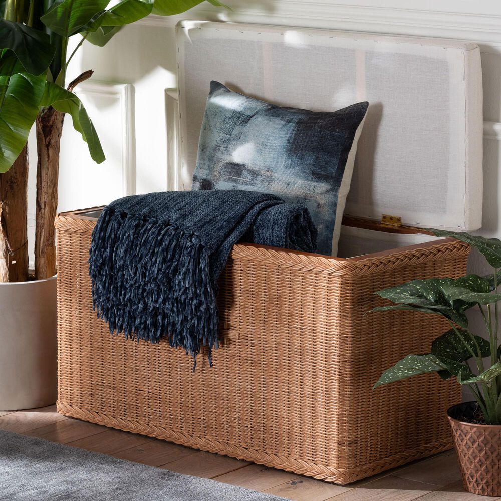 Baxton Studio Eamon Storage Bench with Brown Rattan in Cream, , large