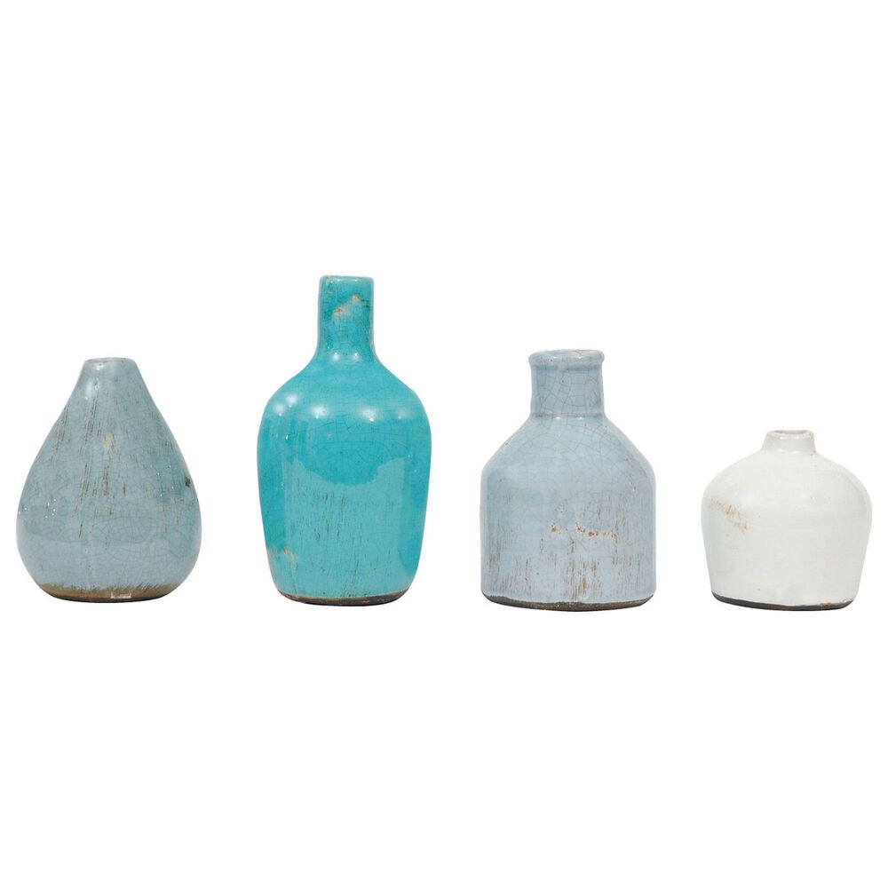 Creative Coop 4-Piece Round Terracotta Vase Set in Blue and Ivory, , large
