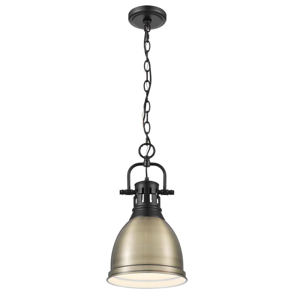 Golden Lighting Duncan 1-Light Small Pendant with Chain and Aged Brass Shade in Matte Black, , large