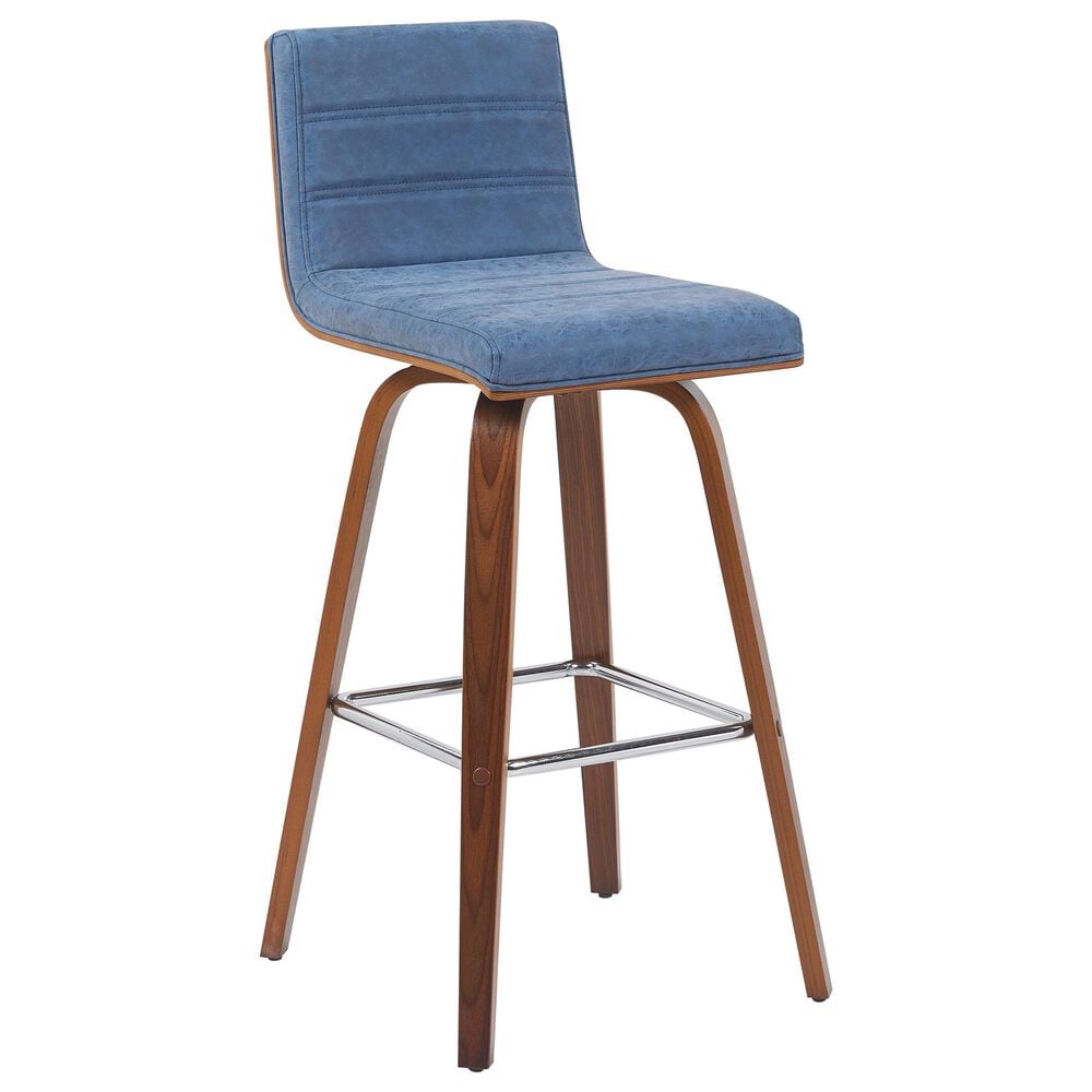 Armen Living Vienna Swivel Bar Height Stool with Vintage Blue Upholstery in Walnut, , large