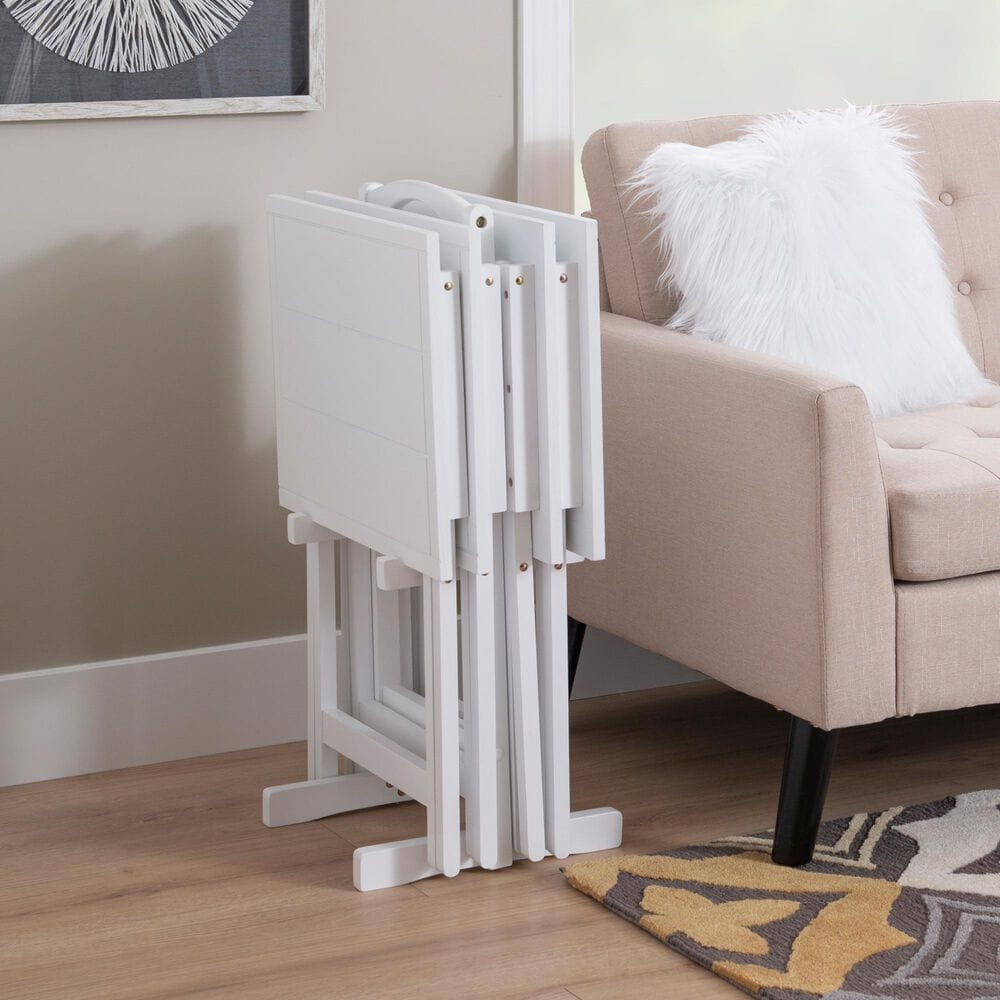Linon Home Decor Lisbon Folding TV Tray Table Set with Stand in White (Set of 4), , large