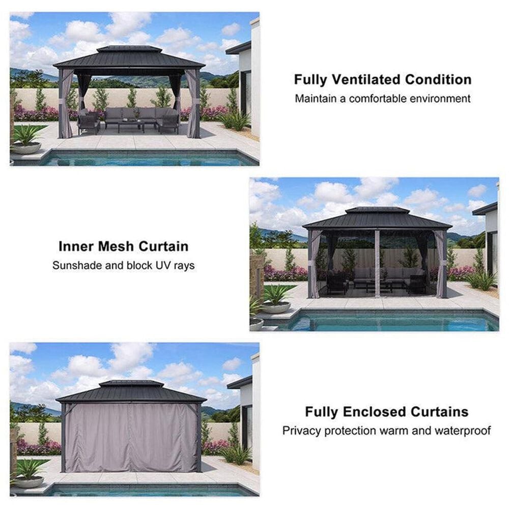 HOMLUX 10' x 14' Outdoor Hardtop Gazebo with Galvanized Steel Roof, Netting, and Curtains, Gray, , large