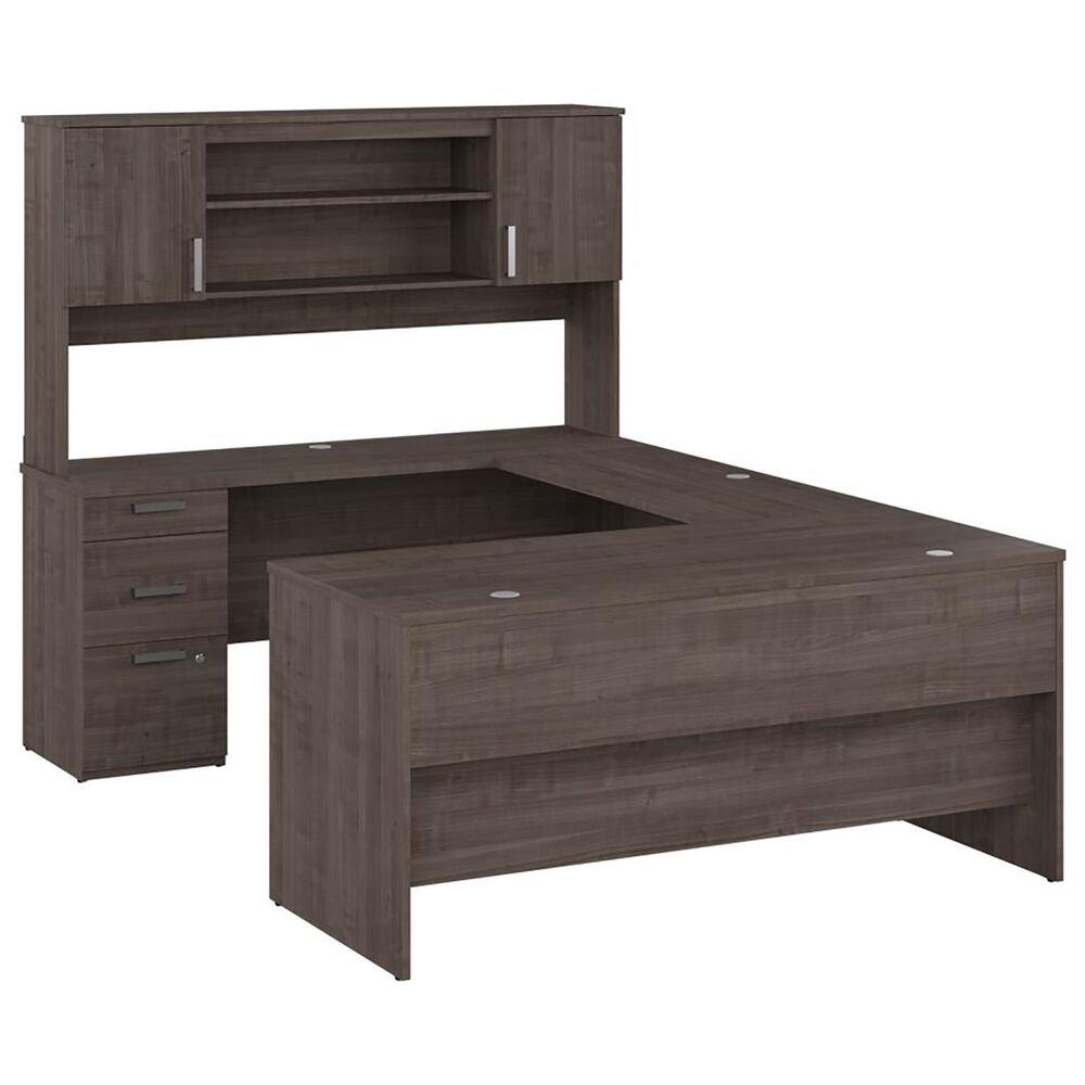 Bestar Ridgeley 65" UShaped Desk with Hutch in Medium Gray Maple NFM
