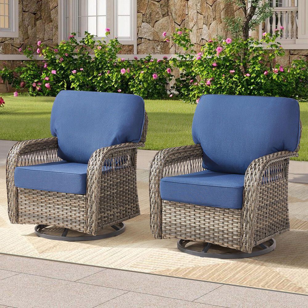 Hearth and Haven Outdoor Swivel Glider Chair with Blue Cushion in Gray (Set of 2), , large