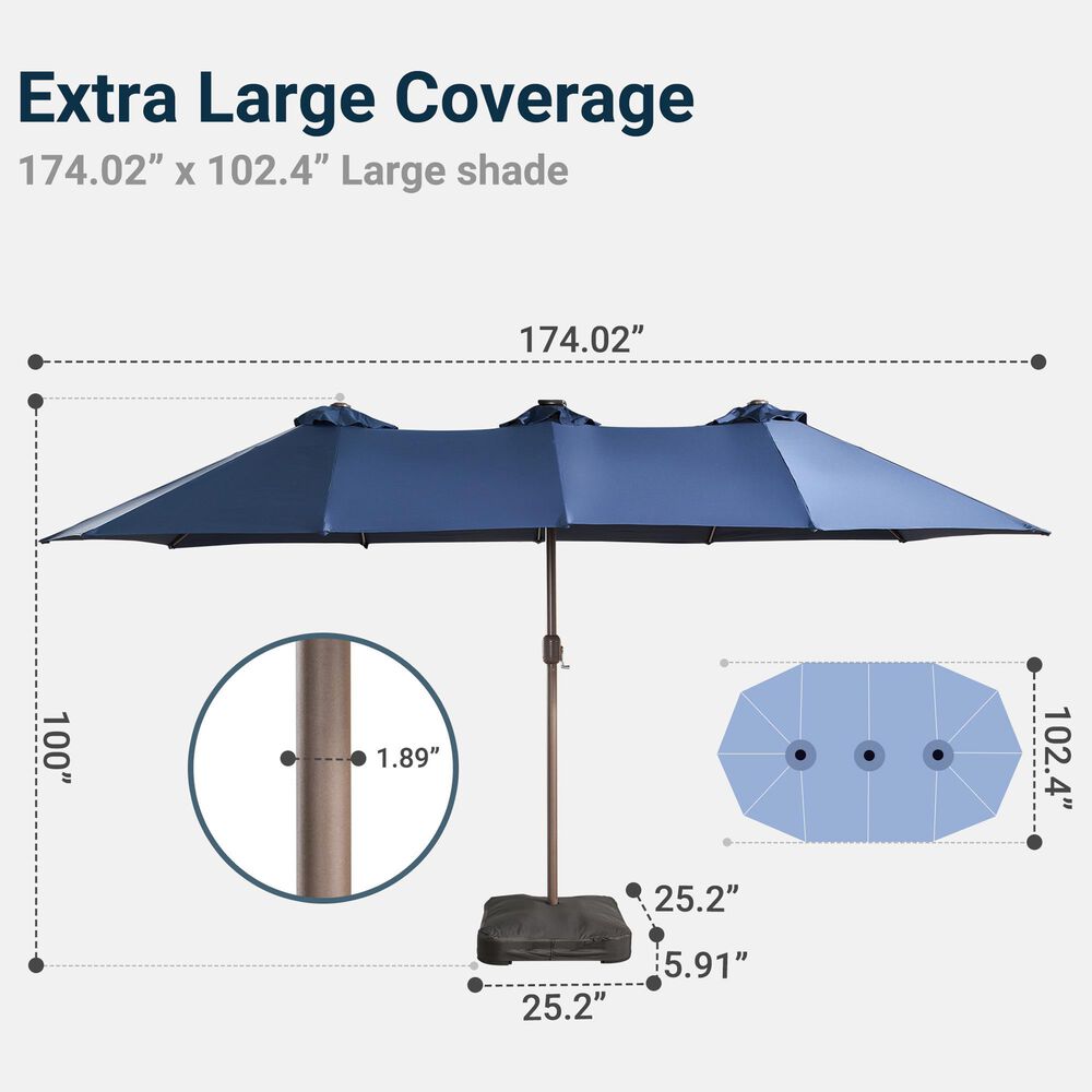 HOMLUX 15' Outdoor Market Umbrella with Sandbags Base and LED Lights in Dark Blue, , large