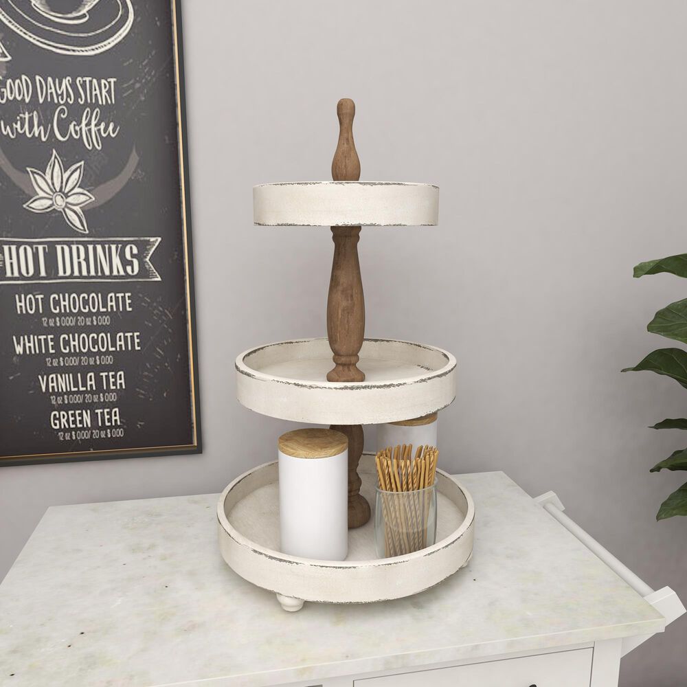 Maple and Jade Farmhouse Tiered Server in Distressed White and Dark Mocha, , large