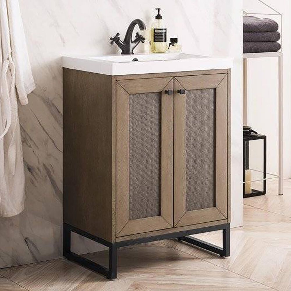 James Martin Chianti 24" Single Bathroom Vanity in Whitewashed Walnut and Matte Black with White Glossy Solid Surface Resin Top, , large