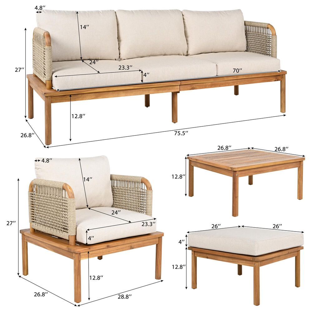 Hearth and Haven 5-Piece Outdoor Conversation Set with Weather Rope and Beige in Teak, , large