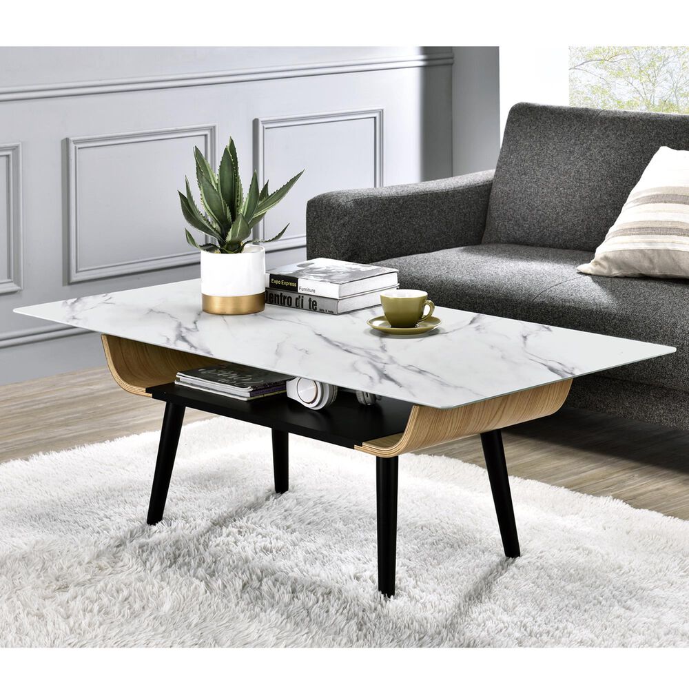 HOMLUX 47" Coffee Table with Marble Glass Top in White and Black, , large