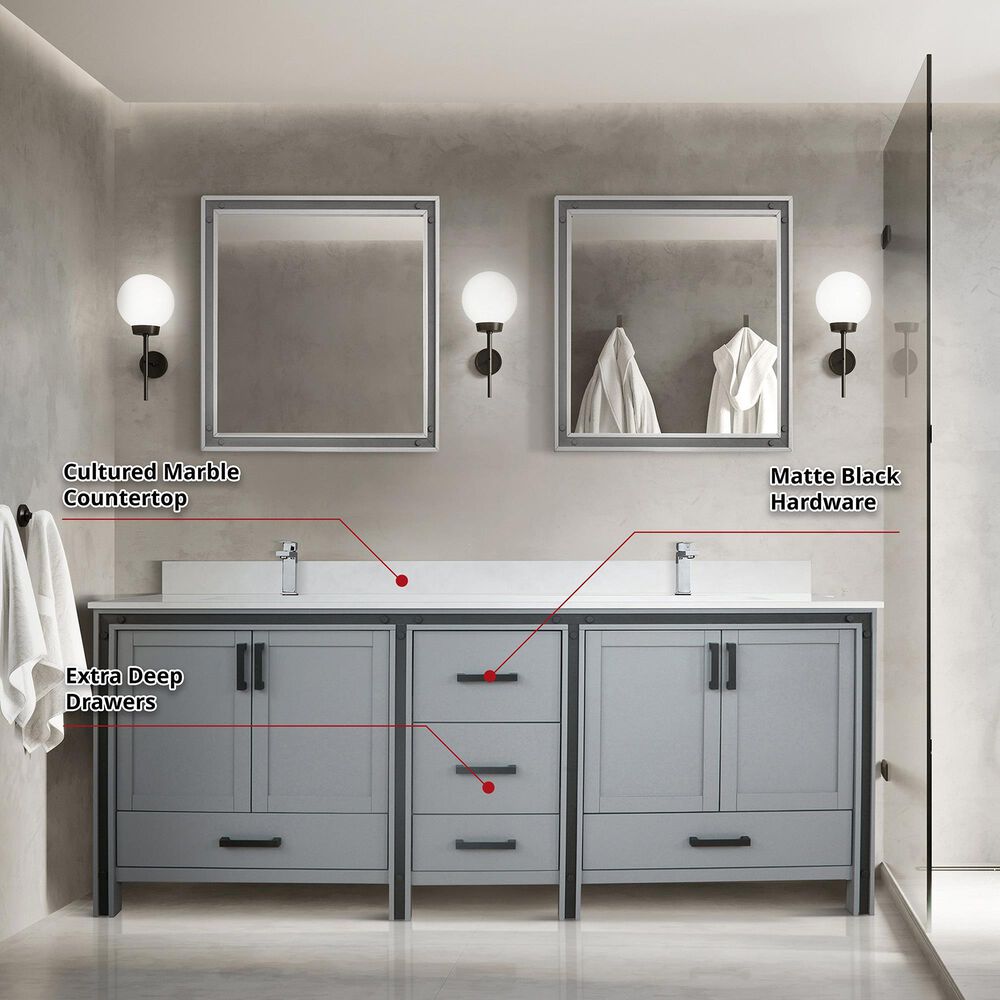 Lexora Home Ziva 84&quot; Double Bathroom Vanity in Dark Grey with 2 cm White Cultured Marble Top and Rectangular Sinks, , large
