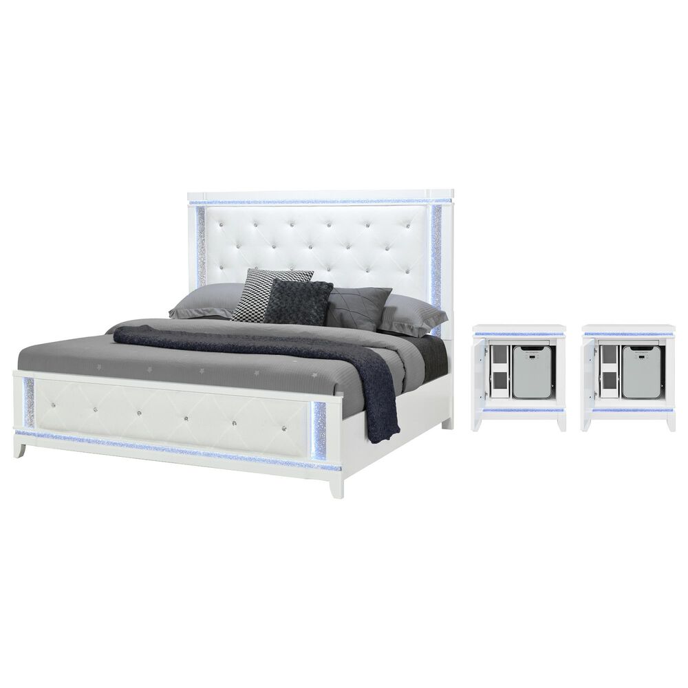 Global Furniture USA Alina 3-Piece King Upholstered Panel LED Bed with Two Nightstands in White, , large