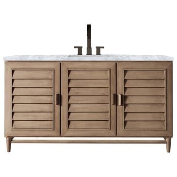 James Martin Vanities Portland 60" Single Bathroom Vanity in Whitewashed Walnut with 3 cm Carrara White Marble Top and Rectangular Sink, , large