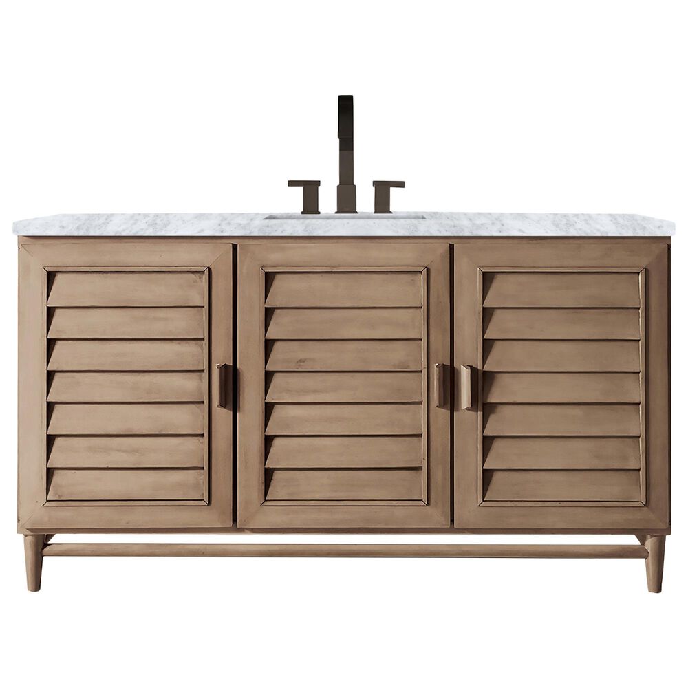 James Martin Vanities Portland 60" Single Bathroom Vanity in Whitewashed Walnut with 3 cm Carrara White Marble Top and Rectangular Sink, , large