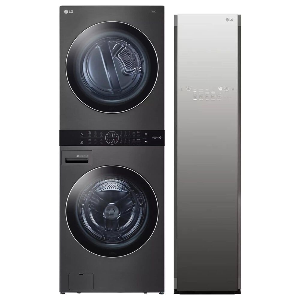 LG WashTower with 4.5 Cu. Ft. Washer, 7.4 Cu. Ft. Gas Dryer and Mirror Steam Clothing Styler in Black Steel, , large
