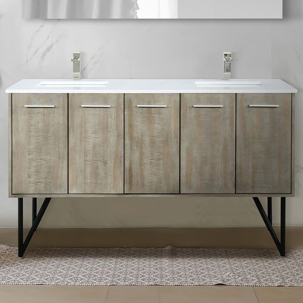 Lexora Home Lancy 60&quot; Double Bathroom Vanity in Rustic Acacia with 2 cm White Quartz Top and Rectangular Sinks, , large