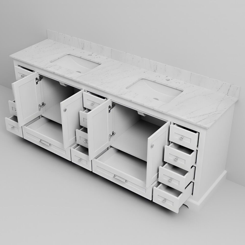 Lexora Home Dukes 84" Double Bathroom Vanity in White with 2 cm White Carrara Marble Top and Rectangular Sinks, , large