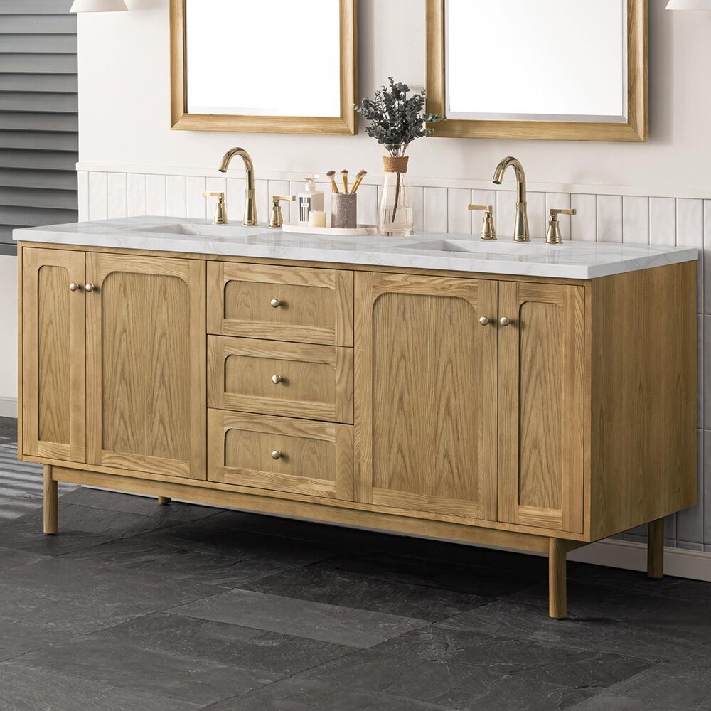 James Martin Vanities Laurent 72" Double Bathroom Vanity in Light Natural Oak with 3 cm Eternal Jasmine Pearl Silestone Top, Rectangular Sinks and FreePower Wireless Charger, , large