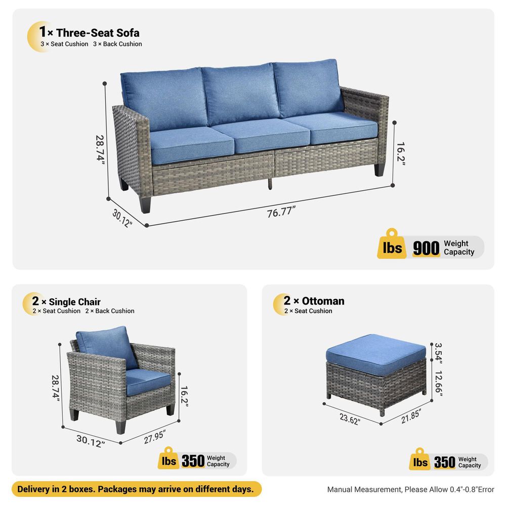 HOMLUX HOMLUX 5-Piece Outdoor Wicker Patio Furniture Set, High Back Rattan Sofa with Chairs, Ottomans &amp; Cushions in Denim Blue, , large
