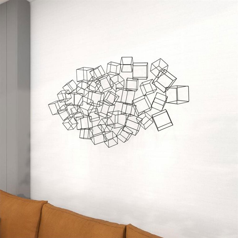 Maple and Jade 48&quot; x 27&quot; 3D Layered Wire Cube Geometric Home Wall Decor in Matte Black, , large