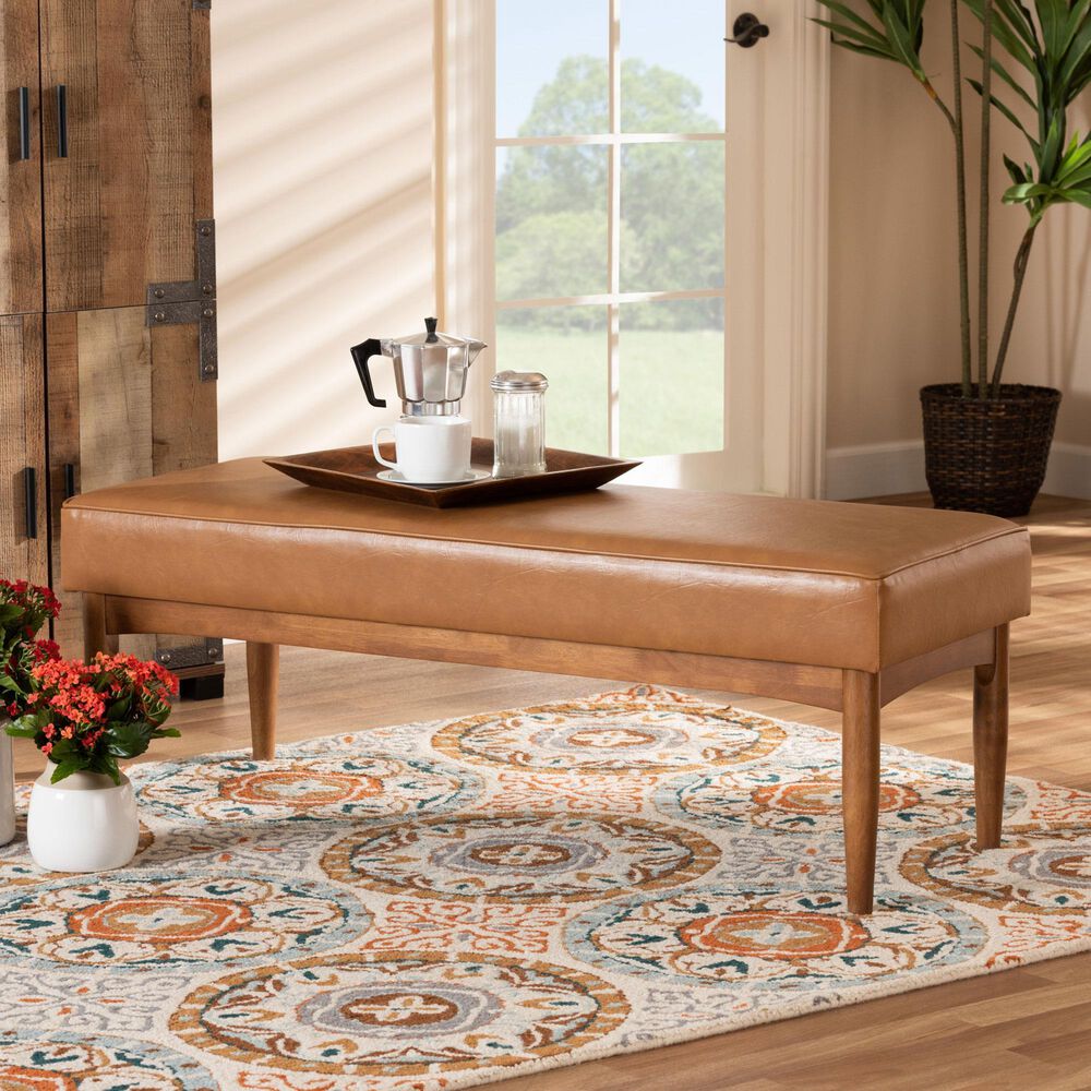 Baxton Studio Arvid Dining Bench with Tan Cushion in Walnut Brown, , large