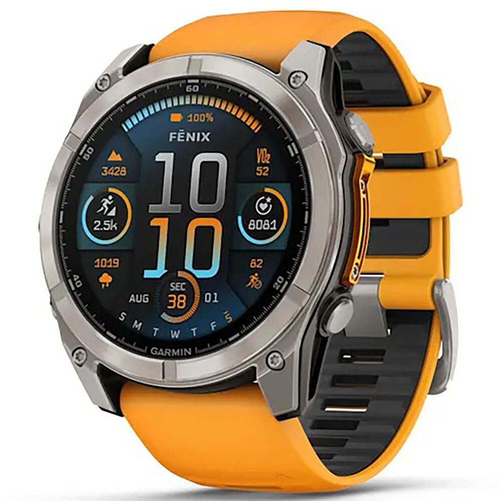 Garmin Fenix 8 Sapphire AMOLED Smartwatch 51mm Titanium Case with Spark Orange and Graphite Silicone Band, , large