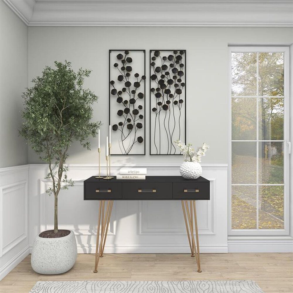 Maple and Jade 42&quot; x 15&quot; Metal Floral Wall Decor with Frame in Matte Black &#40;Set of 2&#41;, , large