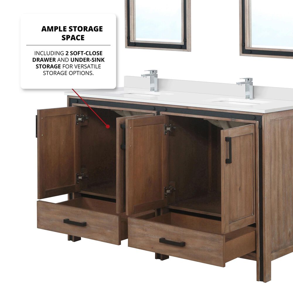 Lexora Home Ziva 60&quot; Double Bathroom Vanity in Rustic Barnwood with 2 cm White Quartz Top and Rectangular Sinks, , large