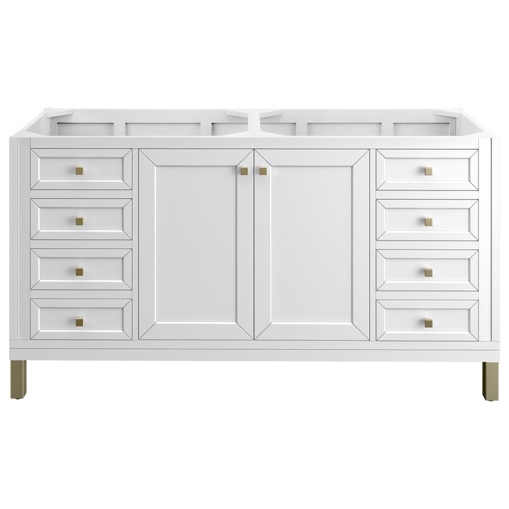 James Martin Vanities Chicago 60&quot; Double Bathroom Vanity in Glossy White with Single Hole 3 cm White Zeus Quartz Top and Rectangular Sinks, , large