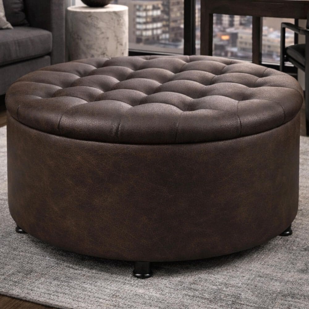 Regency Global Sourcing Knight 28" Round Storage Ottoman in Brown Faux Leather, , large