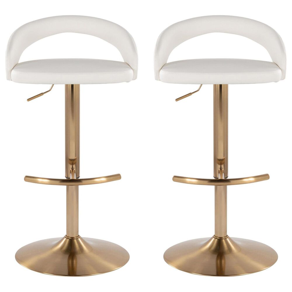 LumiSource Grotto Adjustable Bar Stool with White Faux Leather Upholstery in Gold (Set of 2), , large