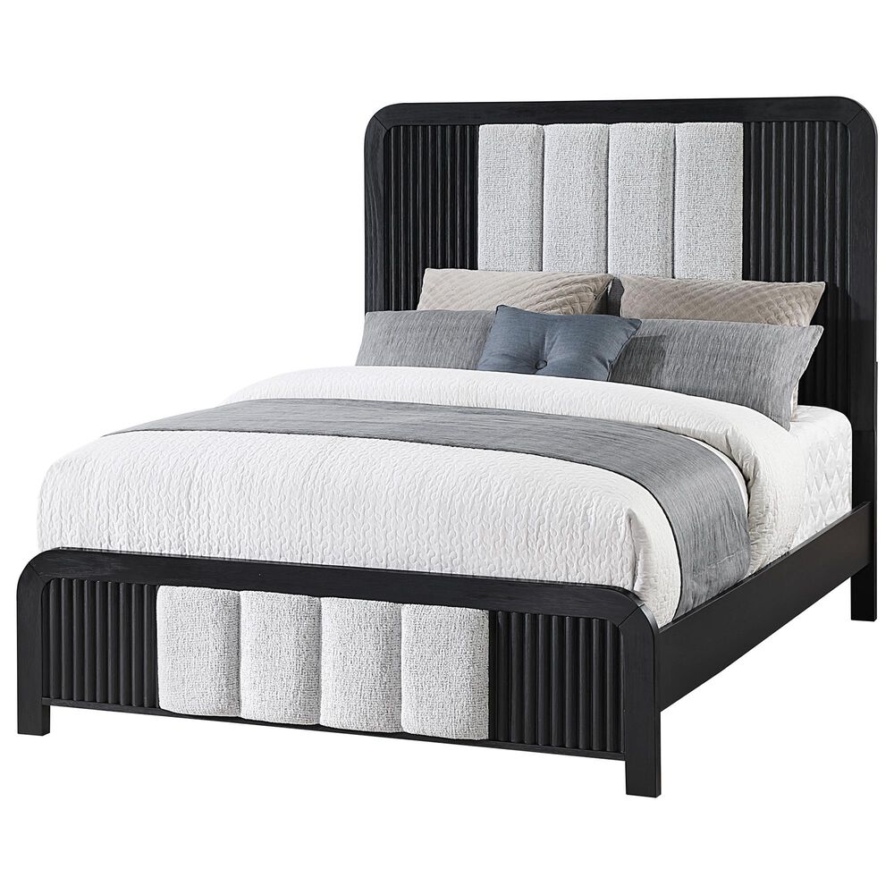 Modern Market Beckett Queen Platform Bed with LED Lights in Black Finish and White Fluted Upholstery, , large