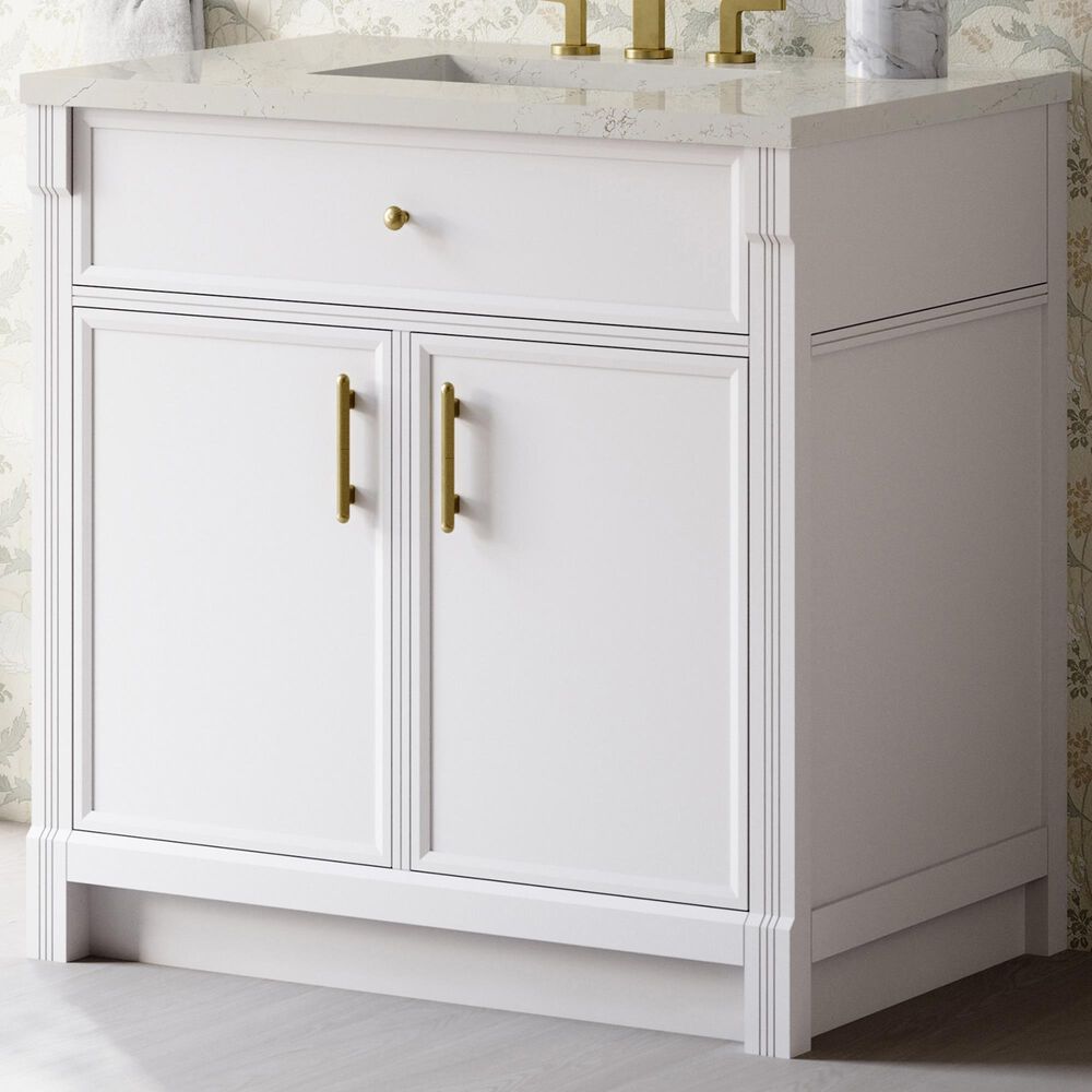 James Martin Bellshire 36" Single Bathroom Vanity in Bright White with 3 cm Siberian Silestone Top and Rectangular Sink, , large