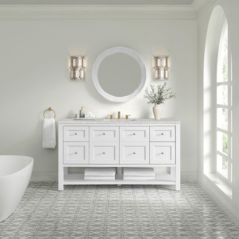 James Martin Vanities Breckenridge 60" Single Bathroom Vanity in Bright White with 3 cm Eternal Jasmine Pearl Quartz Top, Rectangular Sink and FreePower Wireless Charger, , large