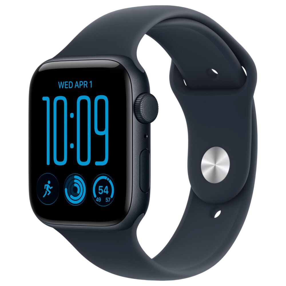 Apple Watch SE 3 (GPS) 44mm Midnight Aluminum Case with Navy Blue Sport Band - S/M and 2-Year AppleCare+, , large
