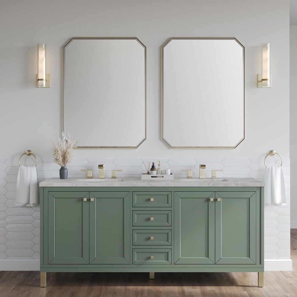 James Martin Vanities Chicago 72" Double Bathroom Vanity in Smokey Celadon with 3 cm Victorian Silver Quartz Top, Rectangular Sinks and FreePower Wireless Charger, , large