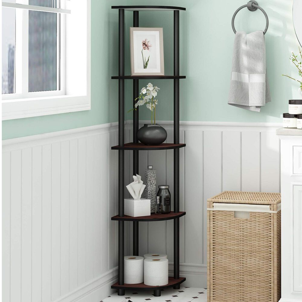 HOMLUX 5-Tier Modern Tall Corner Open Bookshelf in Dark Cherry and Black, , large