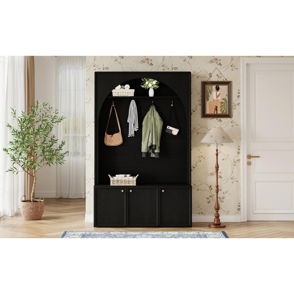 HOMLUX 4-Hook Hall Tree with Entryway Storage Bench in Black, , large