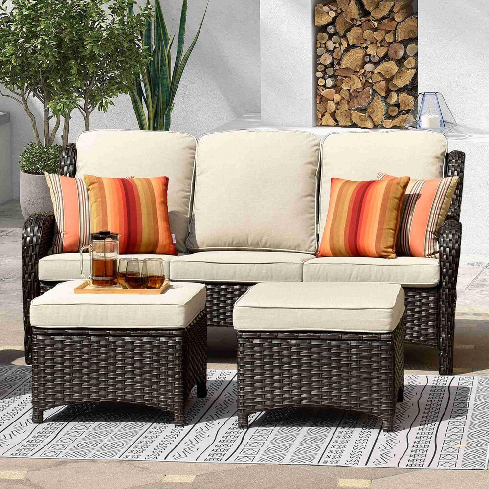 HOMLUX 3-Piece 72" Patio Sofa and Ottoman Set with Brown Wicker in Beige, , large