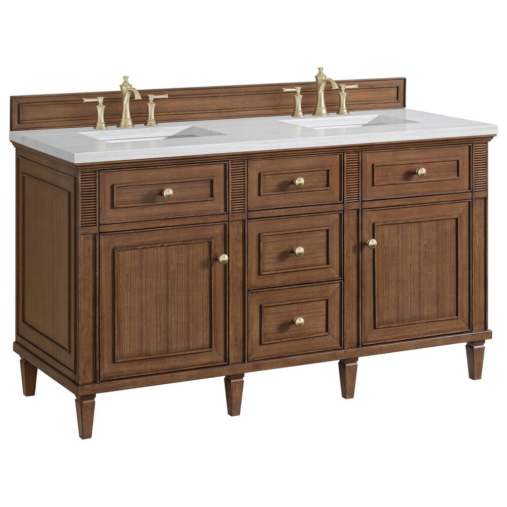 James Martin Vanities Lorelai 60" Double Vanity in Mid-Century Walnut with 3 cm Arctic Fall Solid Surface Top, , large