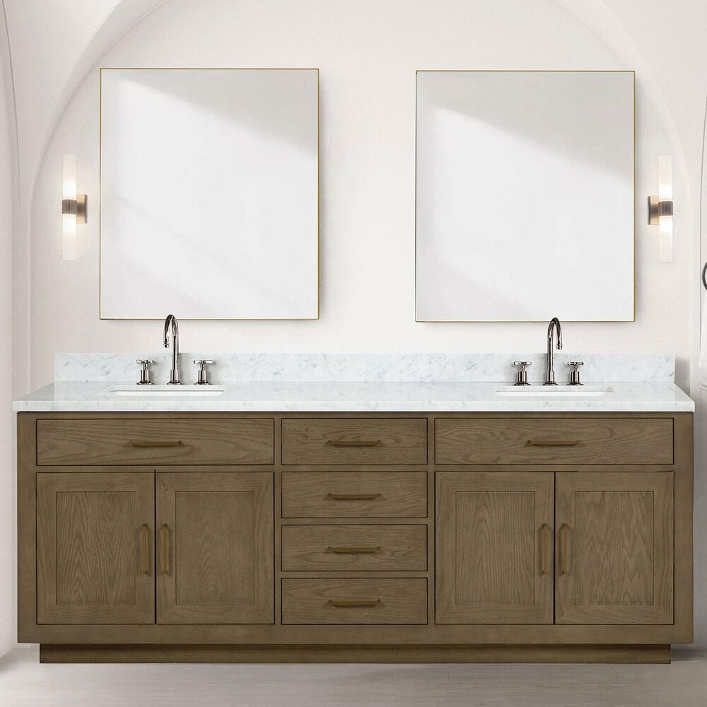 Lexora Home Abbey 84&quot; Double Bathroom Vanity in Grey Oak with 2 cm White Carrara Marble Top and Rectangular Sinks, , large