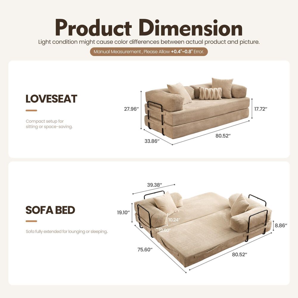 HOMLUX 80" Convertible Modular Sofa Bed in Beige, , large