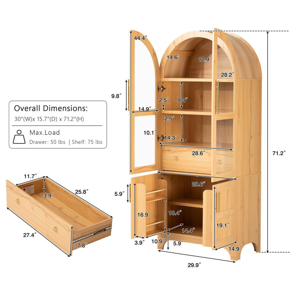 HOMLUX HOMLUX 71" Tall Arched Kitchen Pantry Cabinet with Door Shelves, Farmhouse Kitchen Storage Cabinet with Open &amp; Adjustable Shelves, Hidden Drawer &amp; Glass Door, Cupboard for Kitchen, Dining Room, Natural, , large