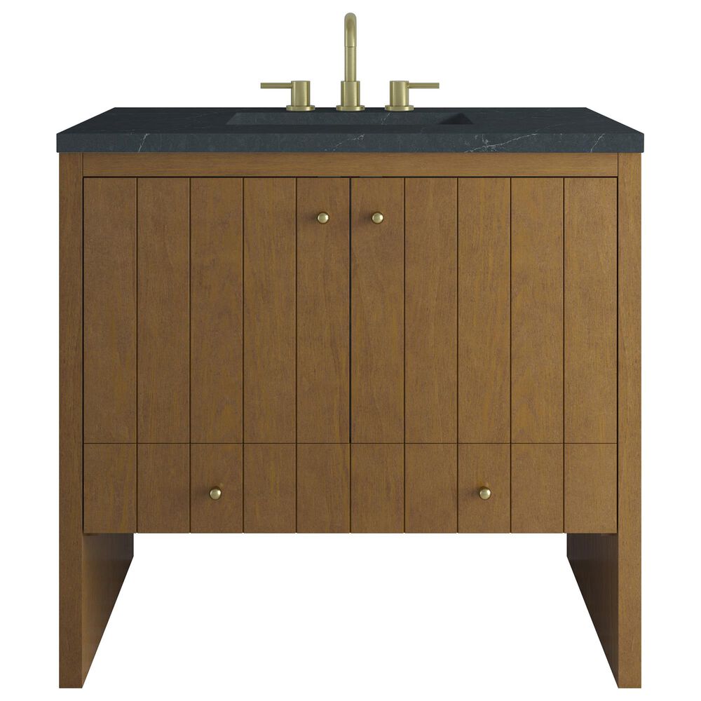 James Martin Hudson 36" Single Bathroom Vanity in Honey Oak with 3 cm Charcoal Soapstone Silestone Top and Rectangular Sink, , large
