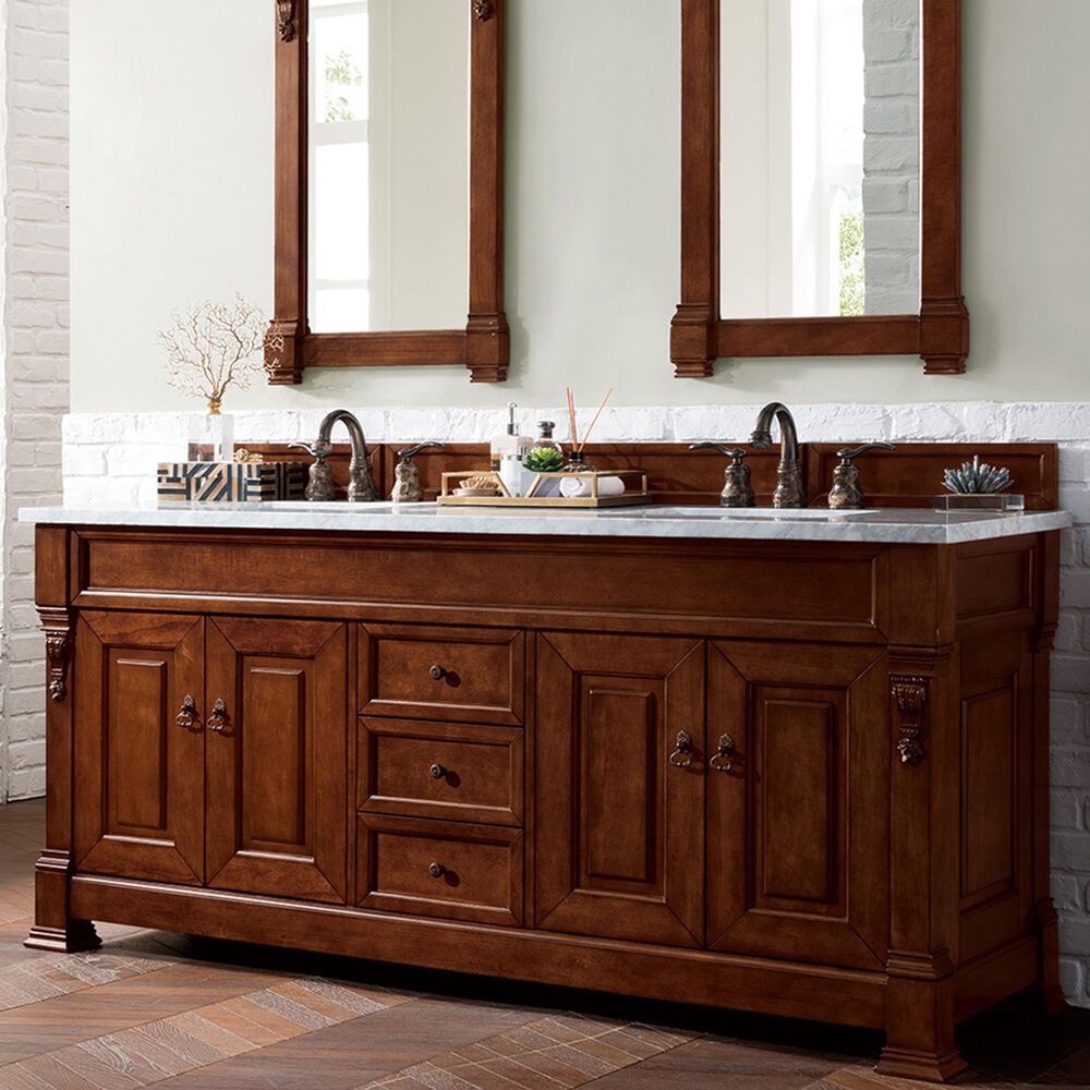 James Martin Vanities Brookfield 72&quot; Double Bathroom Vanity in Warm Cherry with 3 cm Carrara White Marble Top and Rectangle Sink, , large