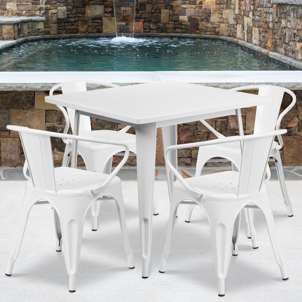 Flash Furniture 5-Piece Square Metal Table Set in White, , large