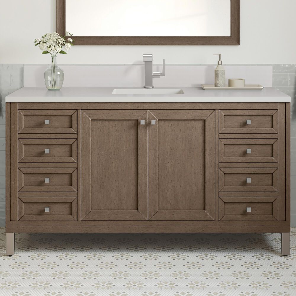 James Martin Vanities Chicago 60&quot; Single Bathroom Vanity in Whitewashed Walnut with Single Hole 3 cm White Zeus Quartz Top and Rectangular Sink, , large