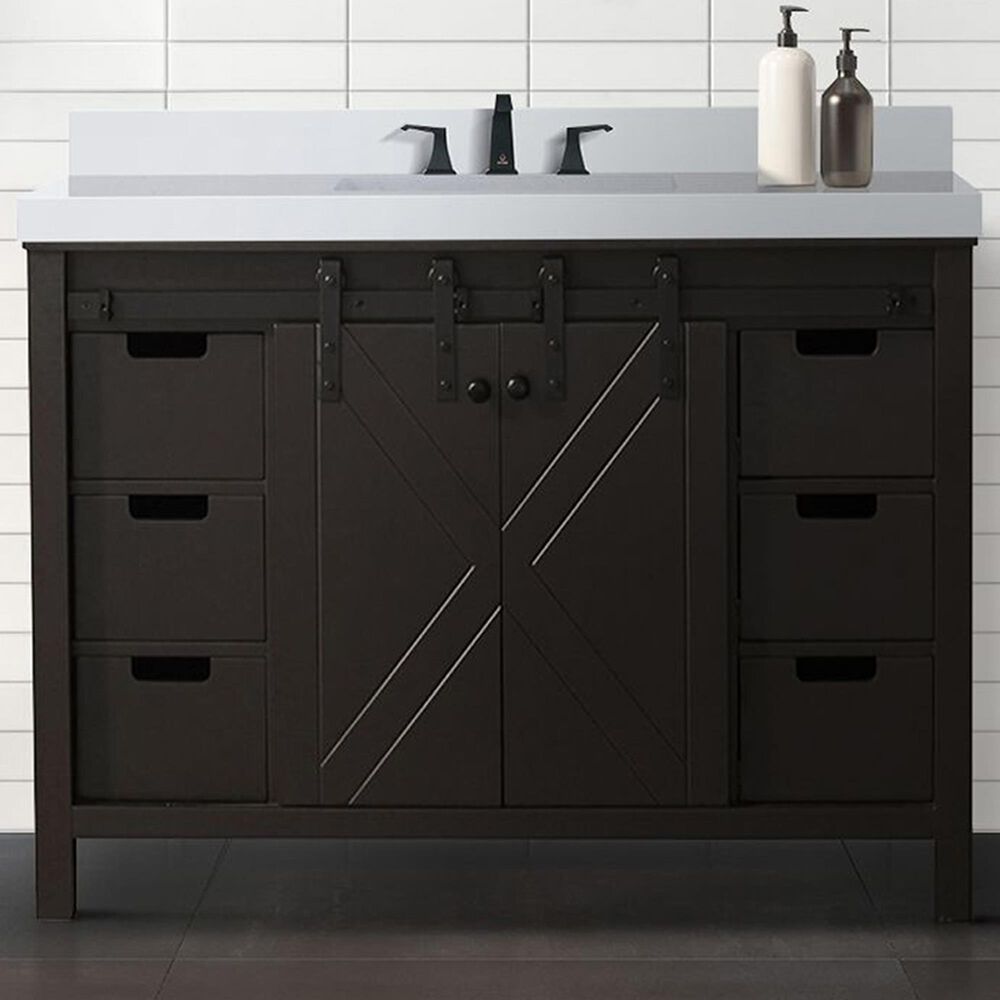 Lexora Home Marsyas 48&quot; Single Bathroom Vanity in Brown with 2 cm White Cultured Marble Top and Rectangular Sink, , large