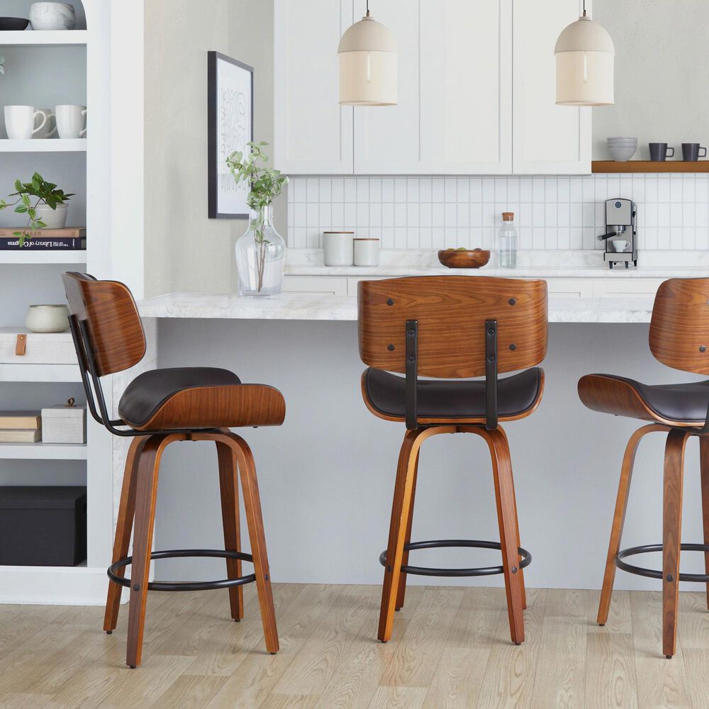 LumiSource Lombardi 26" Swivel Counter Stool with Espresso Faux Leather Upholstery in Walnut and Black (Set of 2), , large