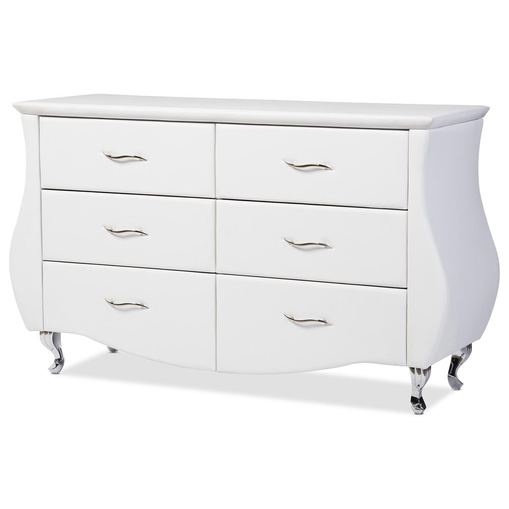 Baxton Studio Enzo 6-Drawer Dresser with White Upholstered in Stainless Steel, , large